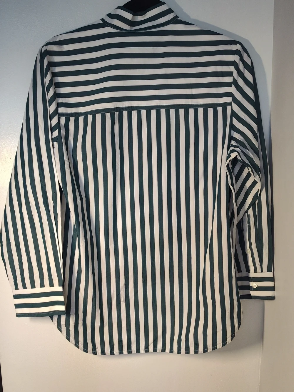 J. Crew Green and White Vertical Stripe Band-Collar Blouse #781